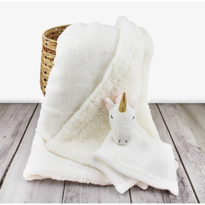 Lila and Jack White with Gold Metallic Fleece Kids' Throw with White Unicorn Lovey Set