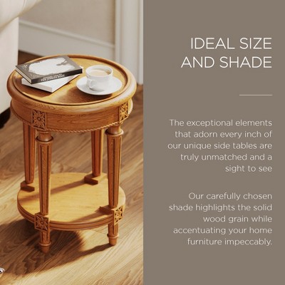 Antiqued Natural Round Wooden Side Table with Carved Details