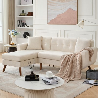 SKRAN 3 Seat 80" W L Shaped Couch Sofa with Wide Chaise Lounge & Two Pillows,Button Tufted Upholstered Sectional Sofa for Bedroom Living Room, Beige