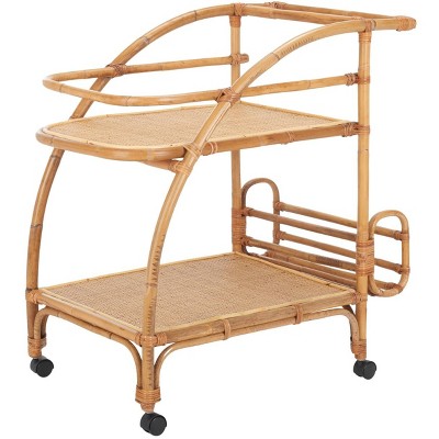 Natural Rattan 2-Tier Bar Cart with Brass Hardware