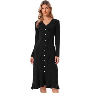 dress knitted pleated hem INSPIRE CHIC Women's Ribbed Knit V-Neck Long Sleeve Pleated Hem A-Line Fall Winter Midi Sweater Dress X Small Black