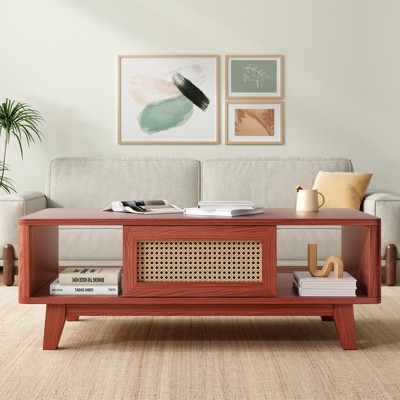 Lirago,Modern Square Coffee Table with Rattan Drawer - Wooden Mid-Century Design for Living Room-Cherry