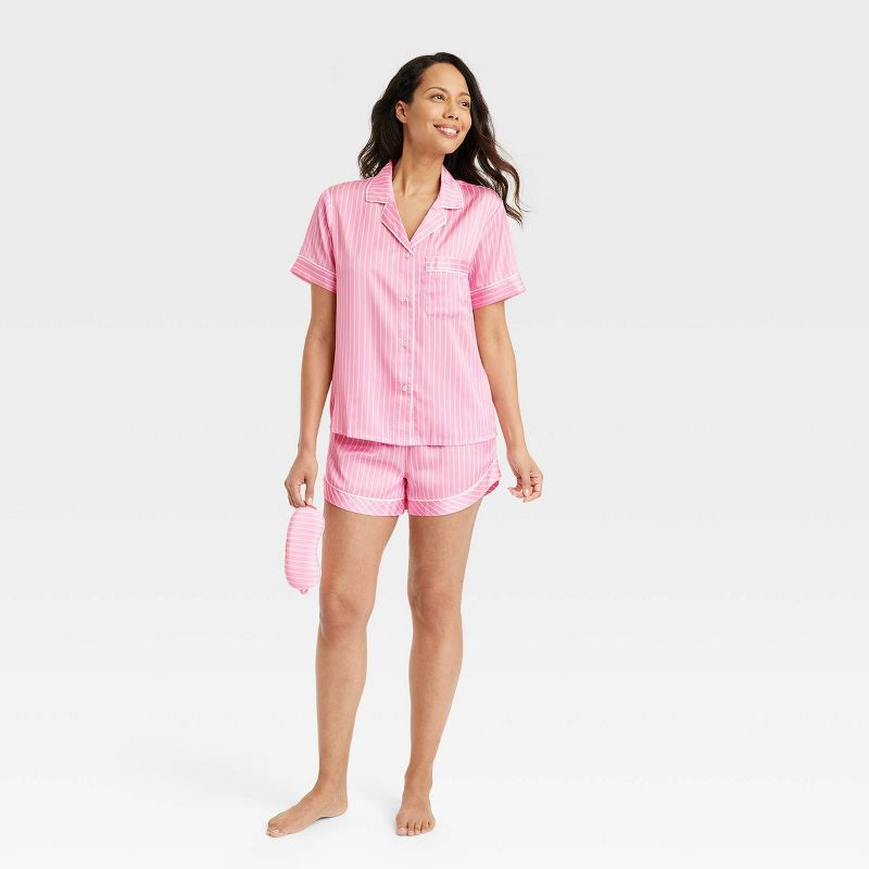 Women's 3pc Satin Short Sleeve Notch Collar Top and Shorts Pajama Set with Eye Mask - Stars Above™, 1 of 7