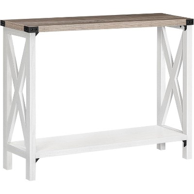 MaseiKar Farmhouse Console Table, Narrow Entryway Table, Sofa Table with 2 Open Shelves, for Hallway, Living Room, White and Greige