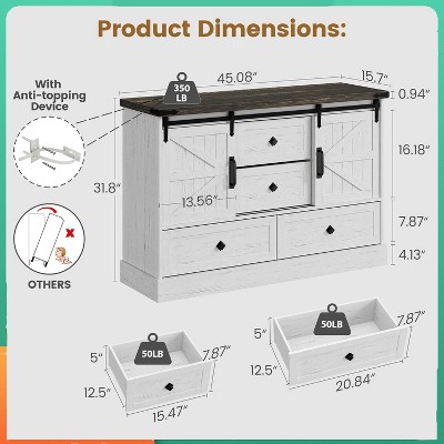 45" Farmhouse 4-Drawer Dresser w/ Sliding Barn Doors & TV Stand - Wood Dresser for Bedroom