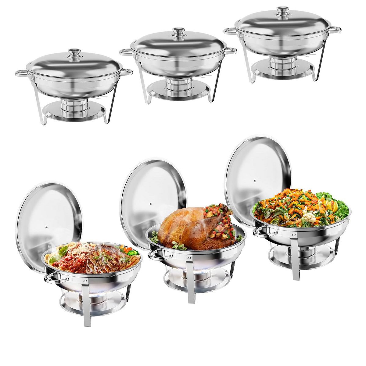 5QT Round Chafing Dish Buffet Set - Stainless Steel Food Warmer for Catering and Parties, Silver - thumbnail 9
