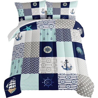 Boersma Nautical Comforter Set Queen,Plaid Patchwork Ocean Themed Bedding Sailboat and Anchor Print Kids Bedding Set for Boys Adult Kids Girls