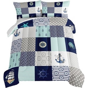 Boersma Nautical Comforter Set Queen,Plaid Patchwork Ocean Themed Bedding Sailboat and Anchor Print Kids Bedding Set for Boys Adult Kids Girls - 1 of 4