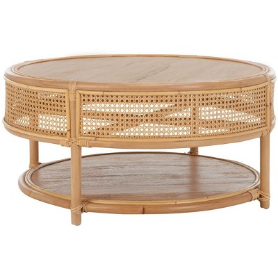 Natural Mango Wood Round Coffee Table with Rattan Mesh