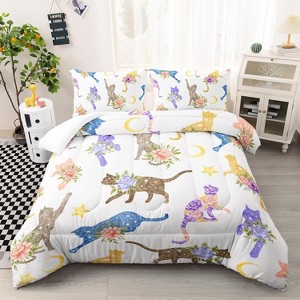 Hachikiko Cute Colorful Flower Cat Comforter Set - Moon Star Pattern Bedding with 2 Pillowcases - 1 of 4