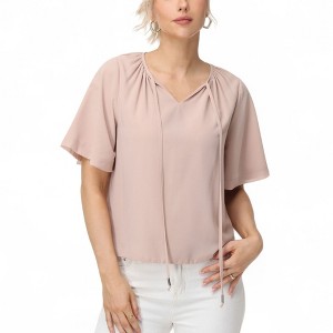 Anna-Kaci Women's Short Sleeve V-Neck Blouse with Gathered Shoulder Detail and Long Neck Tie Accent - 1 of 4