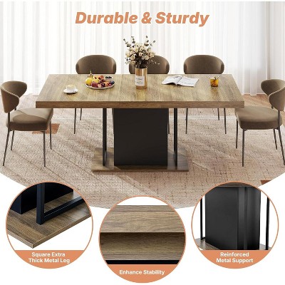 Zevemomo 63"-78.7" Expandable Farmhouse Table, 6-10 Seater Rectangular Thick Top with Metal Track & Central Base, Brown for Living Room & Office