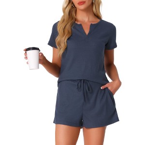 INSPIRE CHIC Women's Waffle Knit V-neck Short Sleeve Top with Shorts Tracksuit Lounge Set with Pockets - 1 of 4