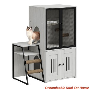 All-in-One Cat Litter Box Furniture Enclosure w/ Hammock & Scratching Posts, Magnetic Door Cat Toilet, Wooden Dual Hidden Litter Box - 1 of 4
