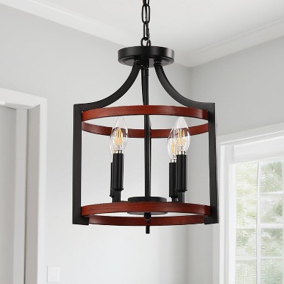 YANSUN 4-Light Black and Wood Drum Pendant Light, Convertible Semi Flush Mount Ceilingfor Dining Room,Bedroom, Foyer, Entryway