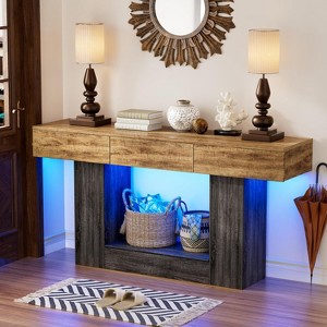 PAKASEPT 63" Farmhouse Long Console Table with 3 Drawers, Entryway Table with LED Lights and Hidden Storage, for Hallway, Living Room - 1 of 4