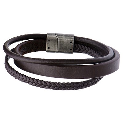Men's Steel Art Brown Braid and Layered Leather with Stainless Steel Clasp Wrap Bracelet (8.75")