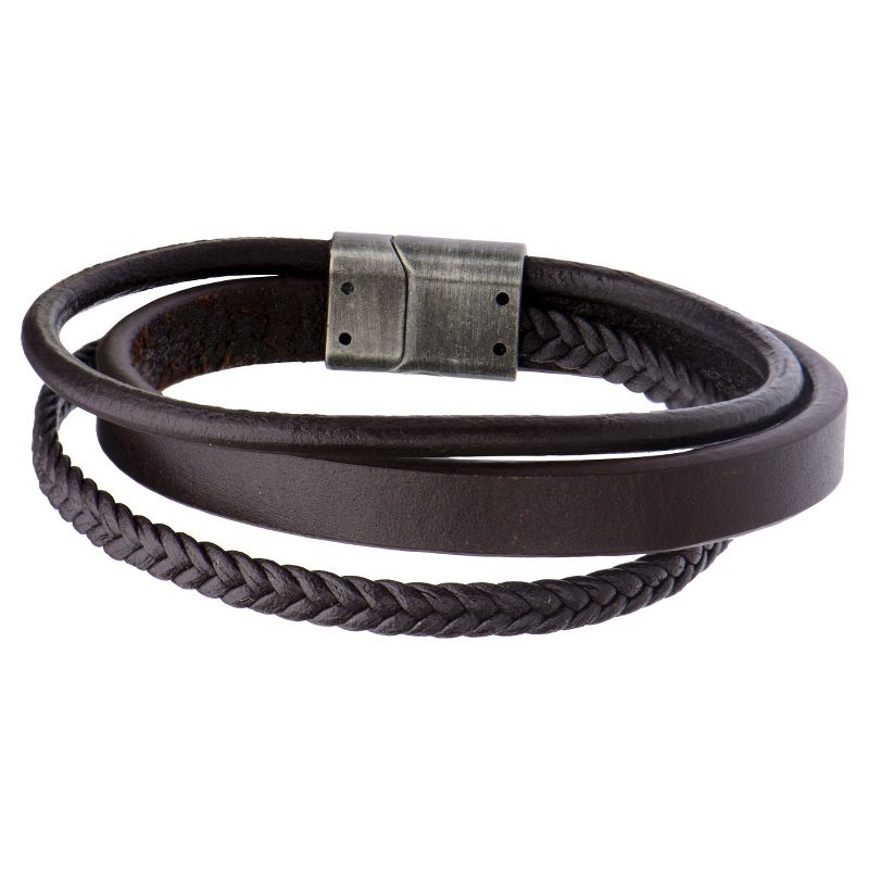 Men&#39;s Steel Art Brown Braid and Layered Leather with Stainless Steel Clasp Wrap Bracelet (8.75&#34;), 1 of 4