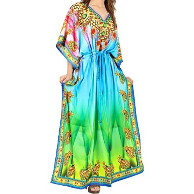 LA LEELA Women Dailywear Loungewear Maxi Plus Size Kaftan Ethnic Casual Long Slit Dress Caftan Dresses for Women One Size Multi,Abstract