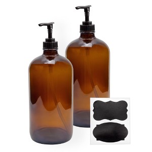 Cornucopia Brands 32oz Amber Glass Lotion Pump Bottles 2pk; Quart Size Brown Bottles w/Black Plastic Locking Pump Dispensers - 1 of 4