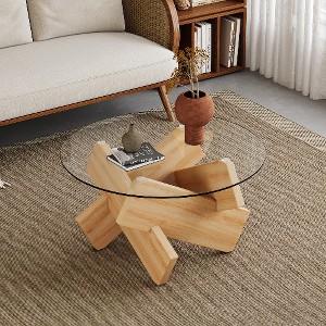 Lyngins Modern Circular Coffee Table with Transparent Tempered Glass Top, Round Tea Table with MDF Table Legs for Living Room - 1 of 4