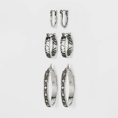 Antiqued Worn Silver Hoop Earring Set 3pc - Universal Thread™ Silver