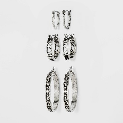 Antiqued Worn Silver Hoop Earring Set 3pc - Universal Thread™ Silver