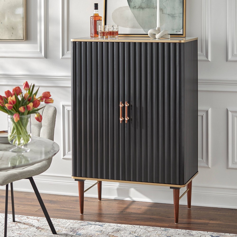 angelo:HOME 2 Door Scallop Mid Century Modern Faux Marble Top Bar Cabinet Black:Home Gold-Tone Accents, Stemware Rack, Storage Shelves