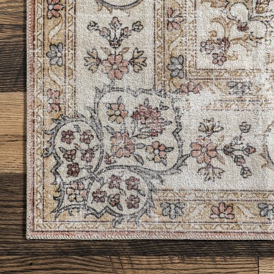 Peach and Cream 8' x 10' Vintage Floral Washable Rug