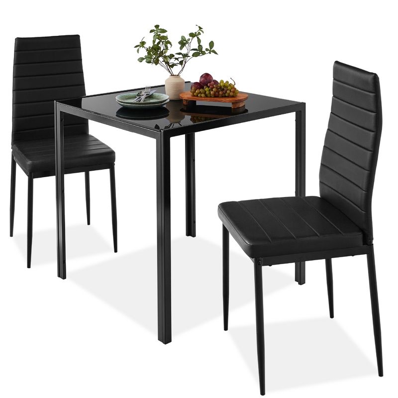 Best Choice Products 3-Piece Kitchen Dining Table Set w/ Glass Tabletop, 2 PU Leather Chairs, 1 of 9