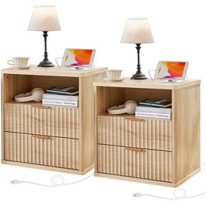 Fluted Nightstand, 23in Wide 2 Drawers End Table, Night Stand with Open Storage Cabinet, Farmhouse Bed Side Tables, Wood Dresser for Bedroom - 1 of 4