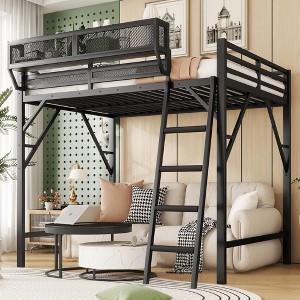 KWPZQEB Loft Bed with Stairs, Heavy Duty Metal Loft Bed Frame with Storage Shelf & Guardrail for Teens, Space Saving Design, Easy Assembly - 1 of 4