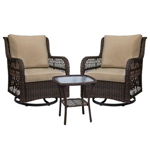 3 Piece Outdoor Wicker Bistro Set with 2 Swivel Rockers 360° Rotation, Tempered Glass Table, 360° Swivel Furniture for Backyard, Beige - 1 of 4