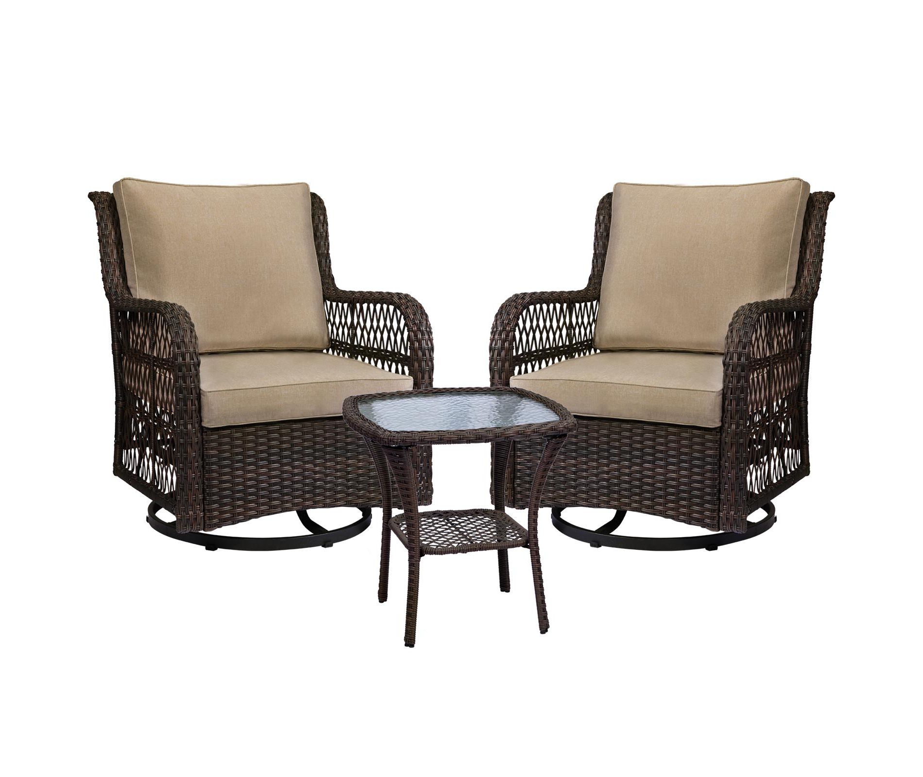 3 Piece Outdoor Wicker Bistro Set with 2 Swivel Rockers 360° Rotation, Tempered Glass Table, 360° Swivel Furniture for Backyard, Beige