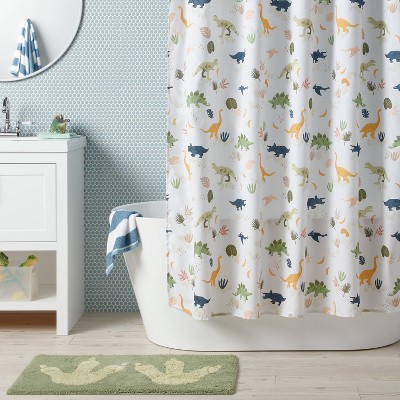 Kids' Dinosaur Print White Twill Fabric Shower Curtain