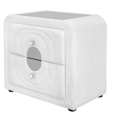Vynxaria White Teddy Bear Fleece and Chrome Alloy Bedside Table, Glass Top, Crystal Buttons/Knobs, English Dovetail Drawers, Weight Limit 70 lbs