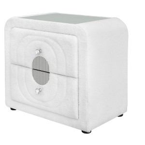 Vynxaria White Teddy Bear Fleece and Chrome Alloy Bedside Table, Glass Top, Crystal Buttons/Knobs, English Dovetail Drawers, Weight Limit 70 lbs - 1 of 4