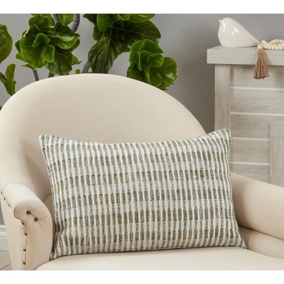 Green and White Woven Line Down Filled Throw Pillow