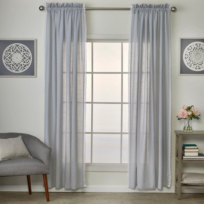 Silver Sheer Lace Detail Rod Pocket Window Curtain Panels, 84" Length