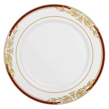 Smarty Had A Party 10.25" White with Burgundy and Gold Harmony Rim Plastic Dinner Plates (120 plates)