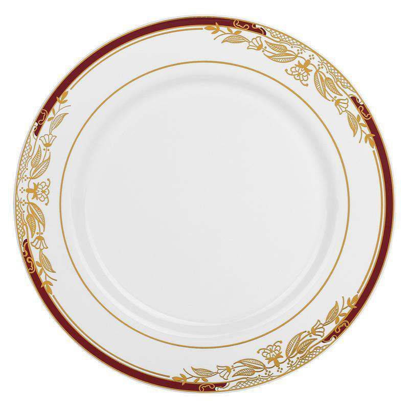 Smarty Had A Party 10.25" White with Burgundy and Gold Harmony Rim Plastic Dinner Plates (120 plates), 1 of 5