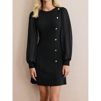 Women Crew Neck Midi Dress Long Lace Sleeve Flowy Fake Button Cocktail Party Mini Dress