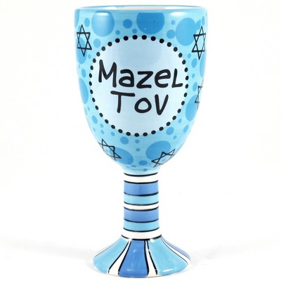 Our Name is Mud Blue Ceramic 12 Ounce Mazel Tov Wine Goblet