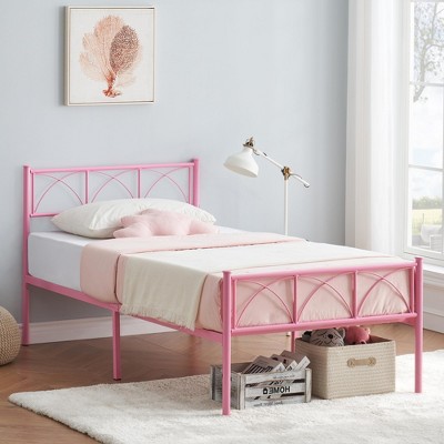 Twin Size Bed Frame with Headboard, Twin Bed Frame for Girls/Boys/Teens, Heavy Duty Metal Slat Support, No Box Spring Needed, Easy Assembly,Pink