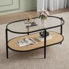 Coffee table, double-layered rattan with tempered glass top, water ripple glass, bohemian style, suitable for living room, office, and home decor. - 4 of 4