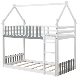 Tangkula Twin Over Twin Bunk Bed w/ Fence & Ladder Solid Wood Floor Bunk Bed for Kids White - 1 of 4