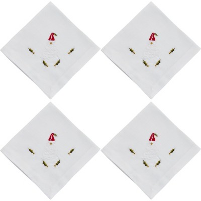 White Cotton Table Napkins with Embroidered Santa Design, Set of 4