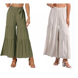 INSPIRE CHIC Women's Boho Elastic High Waist Tie Belt Ruffle Hem Wide Leg Palazzo Pants 2 Packs - 1 of 4
