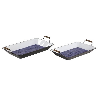 Set of 2 Farmhouse Style Floral Metal Serving Trays with Wood Handles Blue - Olivia & May