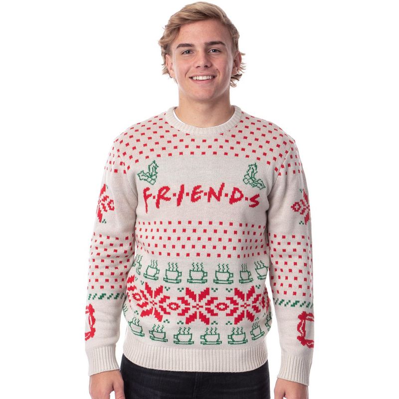 Friends TV Series Men's Logo and Coffee Mugs Ugly Holiday Christmas Sweater, 1 of 6